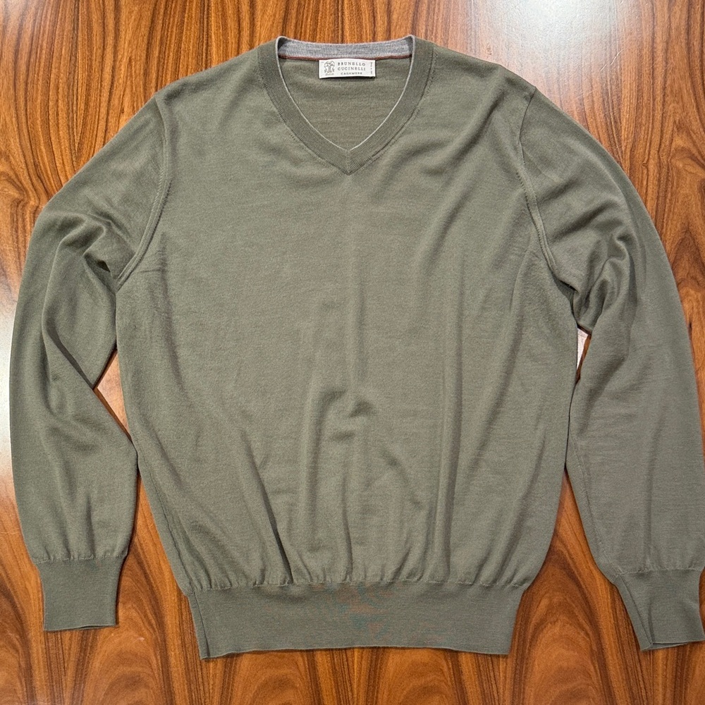 Brunello Cucinelli Olive V-Neck Sweater